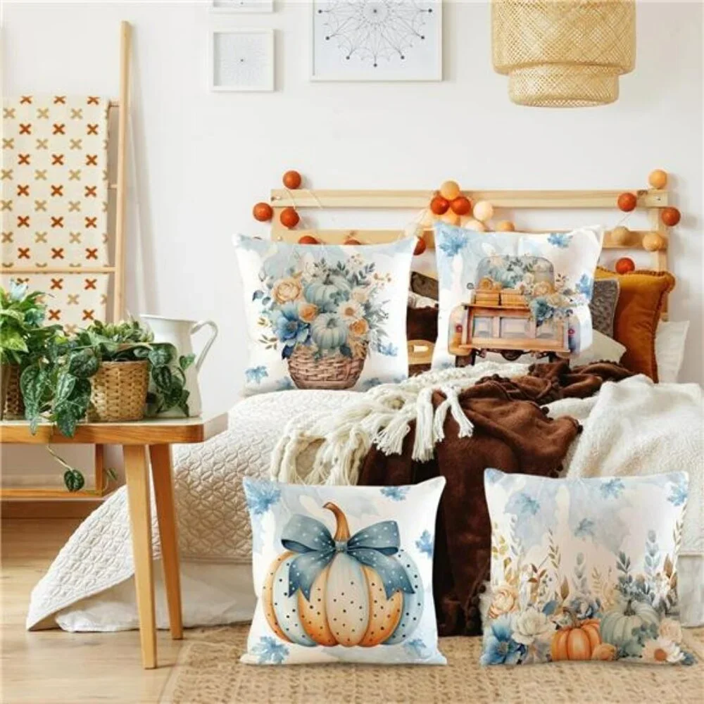 Fall Pumpkin Pillow Covers Set of 4 Velvet 18x18 Blue Orange Decorative Cushions